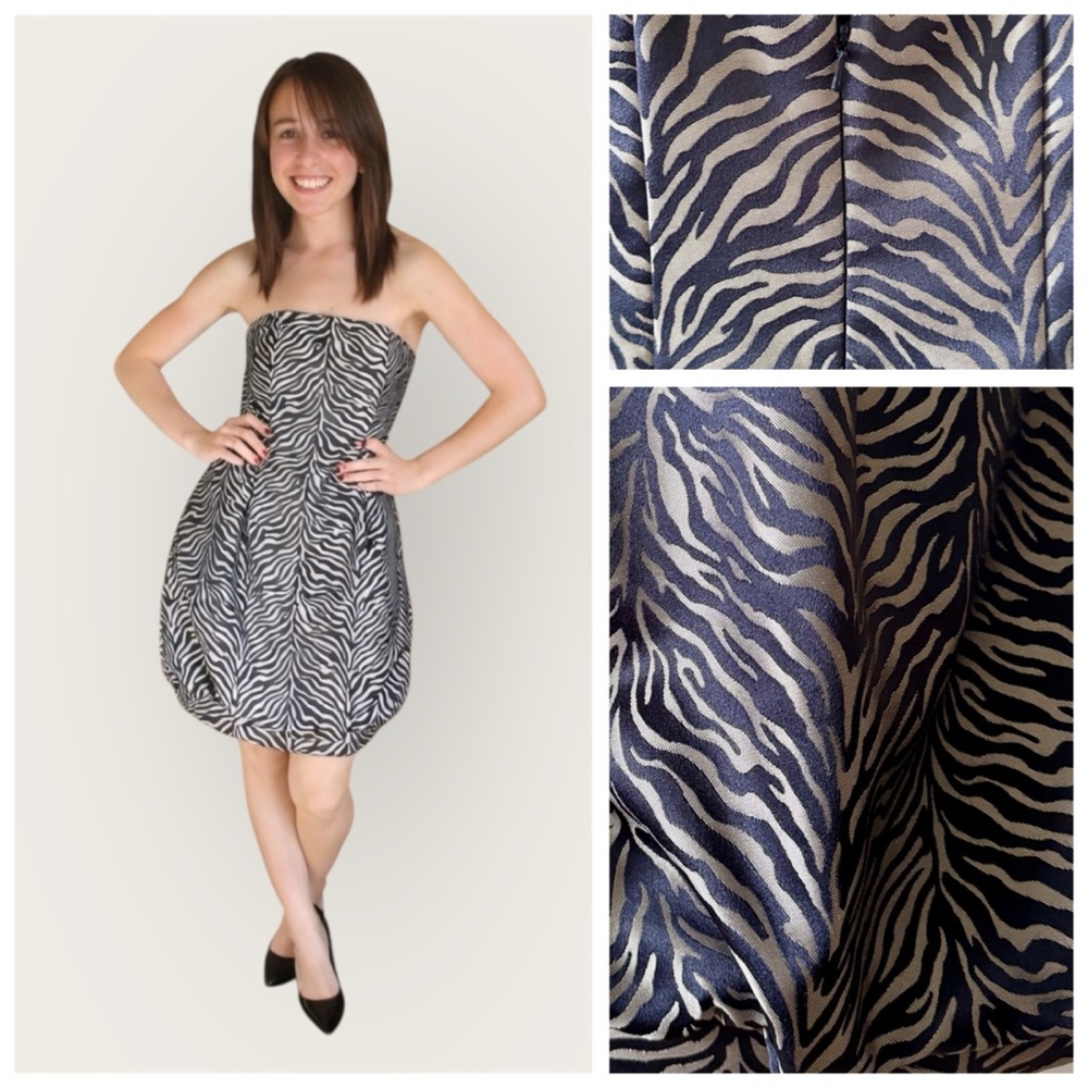 CACHE Zebra Print Bubble Hem Short Cocktail Party Dress, Silver & Navy sz. 2